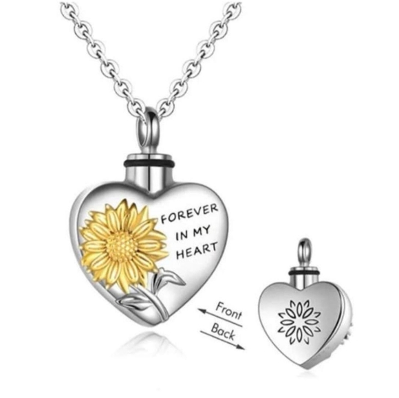 Heart Sunflower Cremation Ash Pendant Memorial Keepsake Urn Necklace - Picture 4 of 5